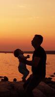 Cuidado papá jugando con su bebé a el río frente al mar amoroso padre lanzando arriba su hijo y niño se regocija ajuste Dom terminado agua a fondo. vertical video