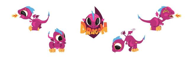 Fairy Dragon Baby Purple Lizard with Wing and Tail Set vector