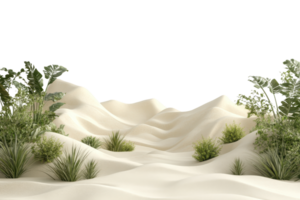 Lush green plants sprout amidst undulating sand dunes in a serene desert landscape, creating a beautiful contrast of nature's elements. png