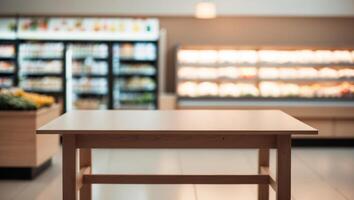 A table in a grocery store with a shelf of food photo