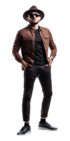 A man in a hat and brown shirt png