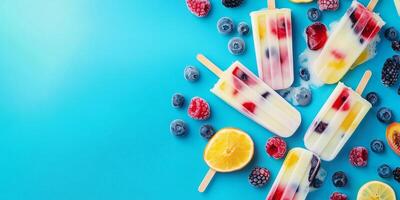 Frozen yogurt popsicles on sticks with fruit chunks embedded inside photo