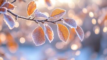 Close-up of a frost-covered branch with golden leaves in the sunlight. photo