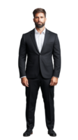 Professional man in tailored black suit standing on transparent background png