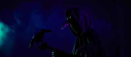 shadowy figure with a long beak mask holds a black bird photo