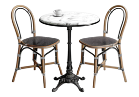 A black and white image of two chairs and a table png