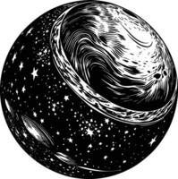 A black and white drawing of a planet with stars vector