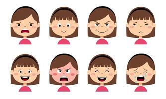 Girl face with emotions of joy, anger, curiosity, sadness and other. Different face expressions set. vector