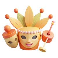 3D Rendered Carnival Mask with Feathers and Tambourine png