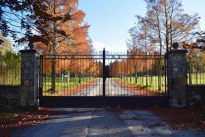 Closed iron gate leading to autumn park alley photo