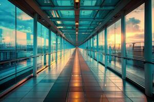 Modern glass corridor with sunset reflecting in windows photo