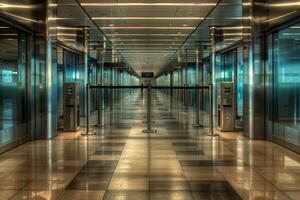 Empty modern airport terminal with glass and steel walls photo