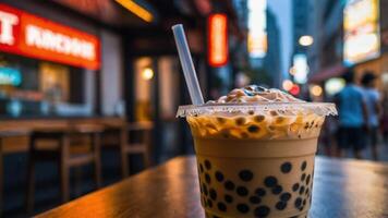 A close-up of a bubble tea drink with tapioca pearls, set against a city street backdrop. photo