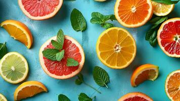 Fresh Citrus Fruit and Mint Leaves Flat Lay on Blue Background video