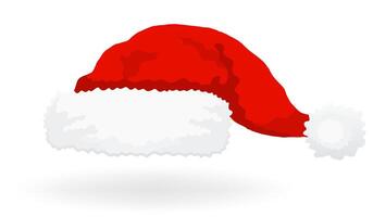 Red Santa Claus hat with fluffy white trim and pom pom on a white background. New Year Christmas vector