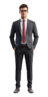 A man in a suit and tie standing with his hands in his pockets png