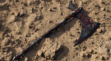 Dangerous fantasy weapon on rocky ground photo