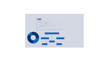 Data analysis dashboard with graphs and flowchart 2D object animation. Cartoon 4K , alpha channel. Pie chart, infographic strategic presentation board animated flat item on white background video