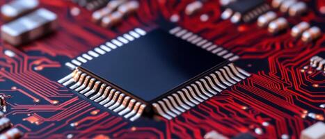 Close-up of a microchip on a red circuit board with intricate details. photo