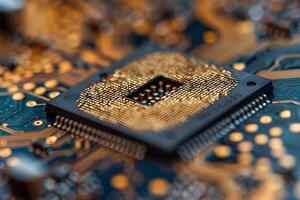 Macro Shot of a Computer Chip on a Circuit Board for Technology Design photo