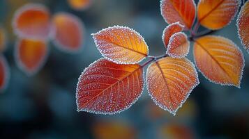 Vibrant orange leaves sparkle with frost under the soft glow of early sunrise photo