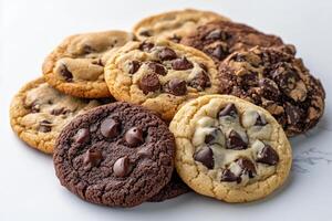 Freshly baked chocolate chip cookies and dark cookies stacked beside a paper bag photo