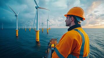 A man in an orange hard hat standing in front of wind turbines photo