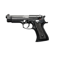 A detailed view of a black semi-automatic pistol placed on a white background png