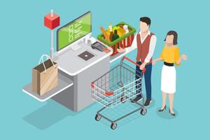 3D Isometric Flat Conceptual Illustration of Self-checkout vector