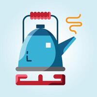 A Vibrant Flat Design Illustration of a Blue Kettle Boiling on a Red Stovetop, Perfect for Culinary Websites or Apps vector