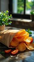 Packet of snacks on a clean, bright table, picture photo