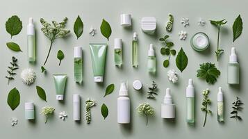 Various cosmetic products arranged around a green background photo