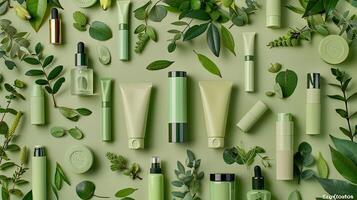 Green cosmetic products arranged on a green background photo