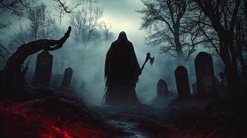 A grim man in a black cloak standing in a graveyard photo