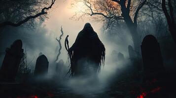 A grim man in a dark forest with a long black cloak photo