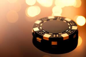 Elegant Stack of Black and Gold Poker Chips on Table Gambling Gaming Concept photo