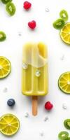 Refreshing fruit popsicle with lime and berries surrounded by fresh ingredients photo