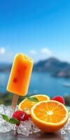 Refreshing orange popsicle on a stick with fresh fruits and a scenic background by the water photo