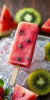 Refreshing watermelon and kiwi popsicle resting on ice with fruit slices in the background photo