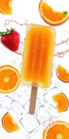 Bright orange popsicle surrounded by fresh strawberries and oranges on ice photo