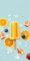 Summer treat of yellow popsicle surrounded by fresh fruit and ice on a light blue surface photo