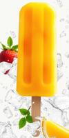 Bright yellow fruit popsicle with fresh strawberries and mint leaves surrounded by ice cubes photo