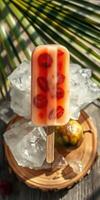 Refreshing popsicle with fruit slices on ice in a tropical setting during a sunny day photo