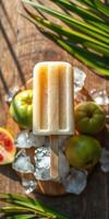 Refreshing tropical popsicle on a wooden table with fresh fruit and ice photo