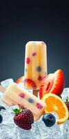 Delicious fruit popsicles surrounded by ice and fresh fruit on a dark background photo