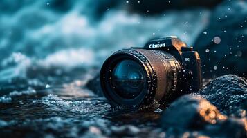 Canon camera is sitting in the water. The camera is wet and blurry. The water is calm and the camera is the only thing visible photo