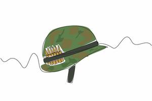 Single one line drawing an army helmet with bullet stock attached to the helmet. Be prepared. Battlefield can happen suddenly. Vietnam War Veterans Day. Continuous line design graphic illustration vector