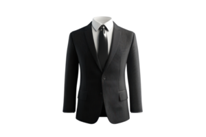 A sleek black suit with a white shirt and black tie, exemplifying classic formal wear for professional and elegant occasions. png