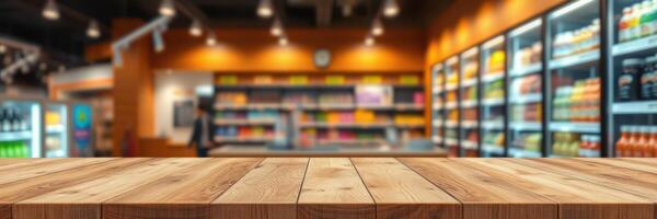 Modern grocery store interior with wooden countertop and bright product displays at sunset photo