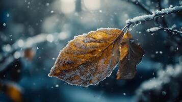 A leaf is covered in snow and is hanging from a tree branch photo